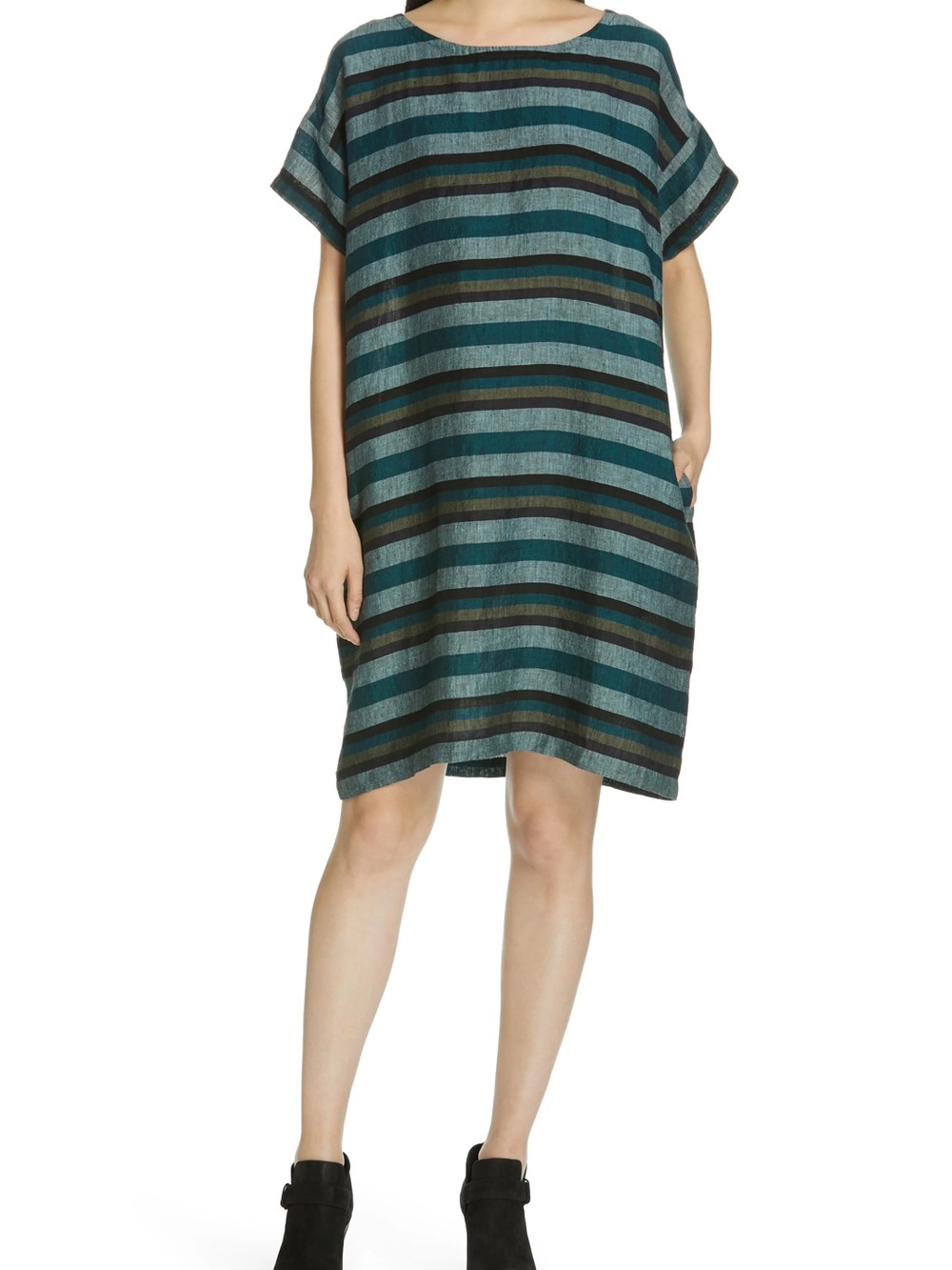 Eileen Fisher Organic Linen Striped Shift Dress Size S
